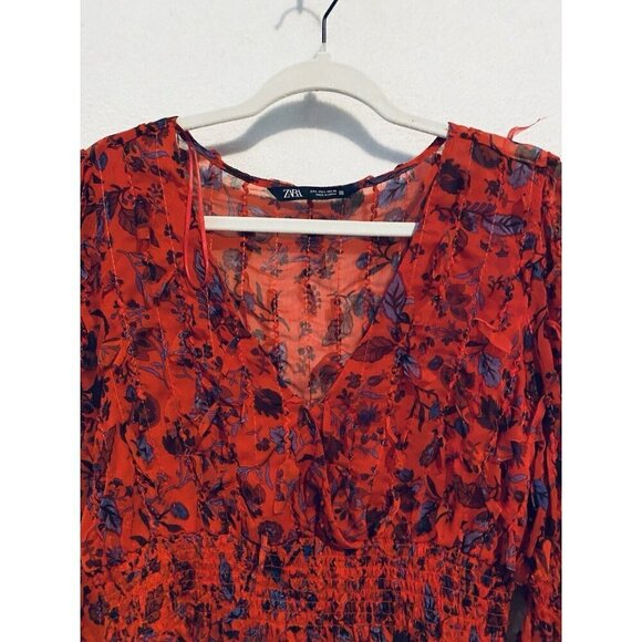 Zara Top Womens Large Red Floral Cropped Fringe Silky Romantic Fairy Boho Sheer - Picture 3 of 7